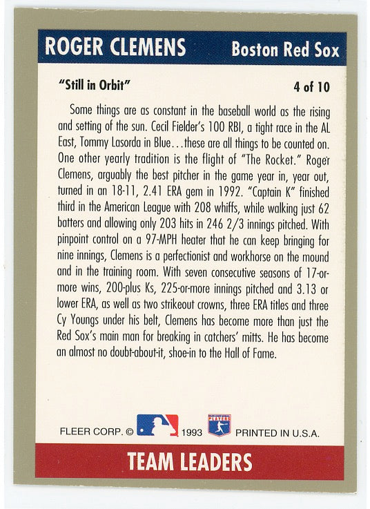 1993 Fleer Team Leaders #AL4 Roger Clemens Card