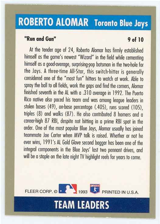 1993 Fleer Team Leaders #AL9 Roberto Alomar Card