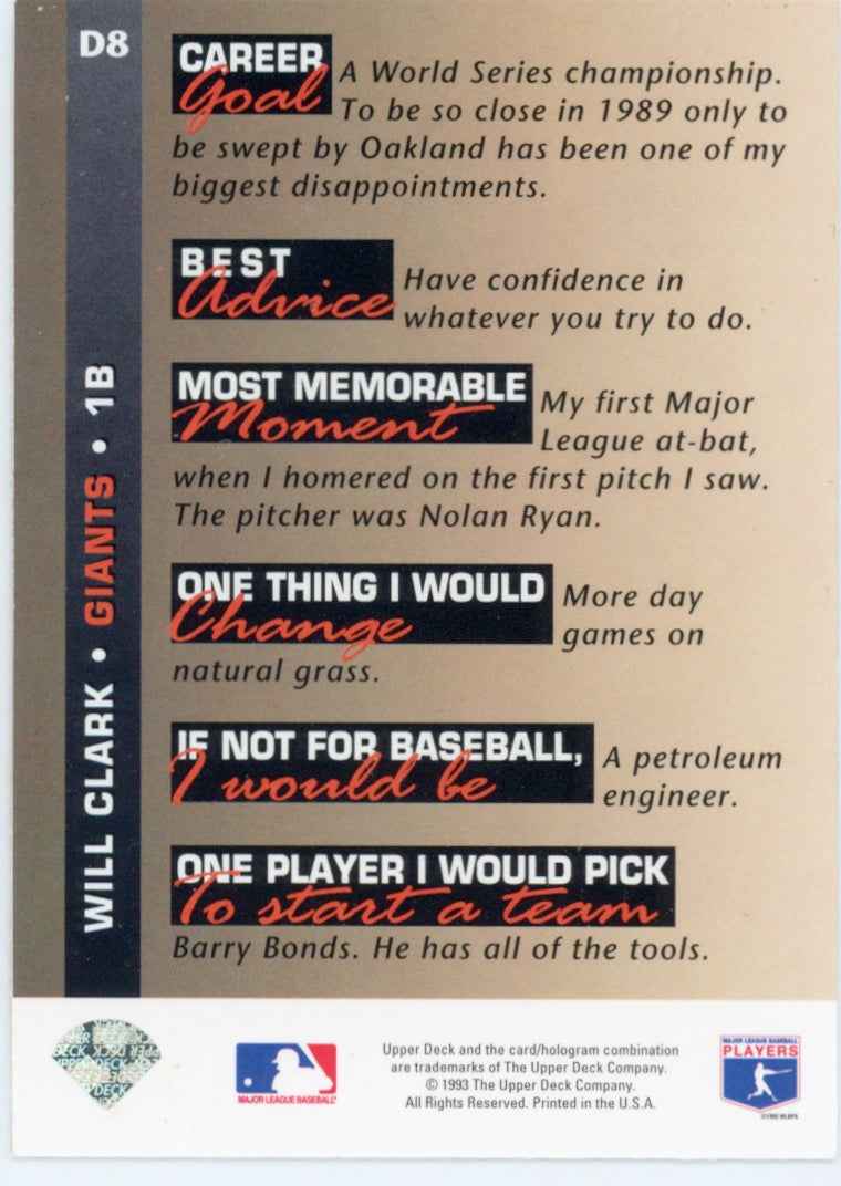 1993 Upper Deck On Deck #D8 Will Clark San Francisco Giants Card