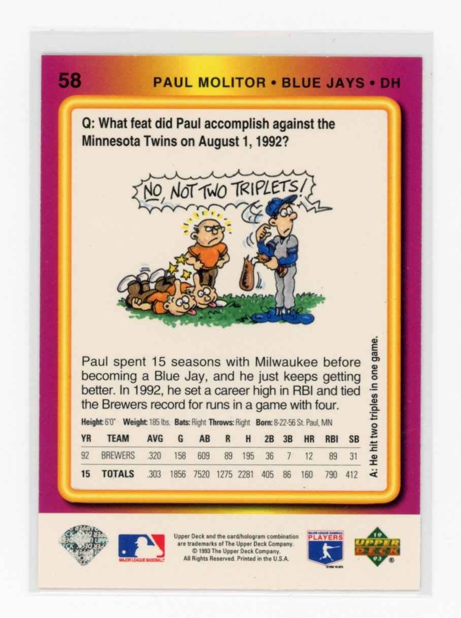 1993 Upper Deck Fun Pack #58 Paul Molitor Toronto Blue Jays Card