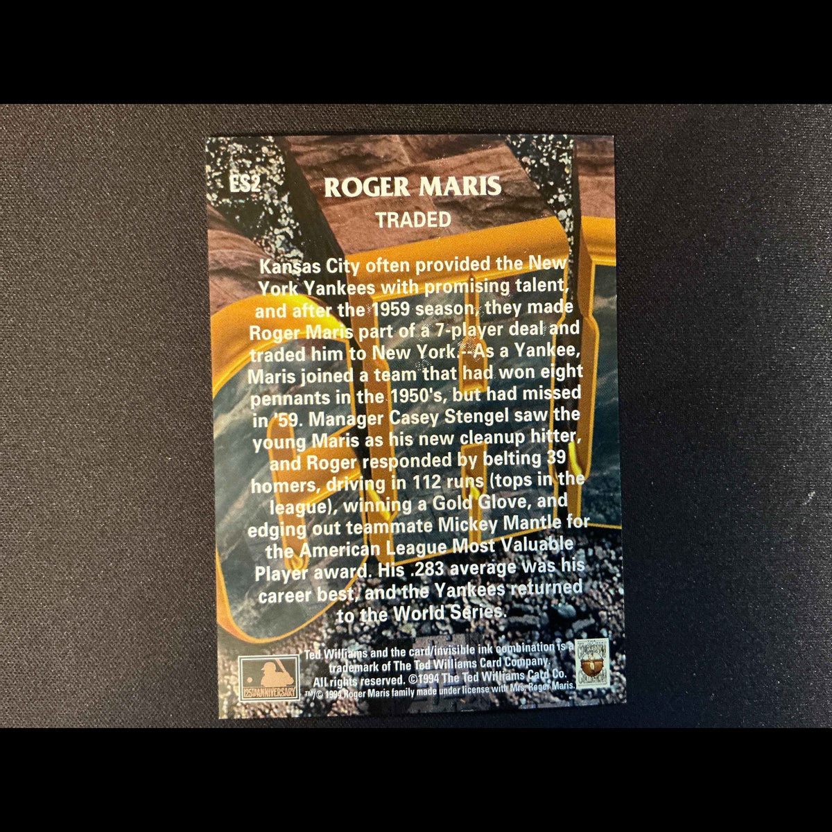 1994 Ted Williams #ES2 Roger Maris/Traded Card - back