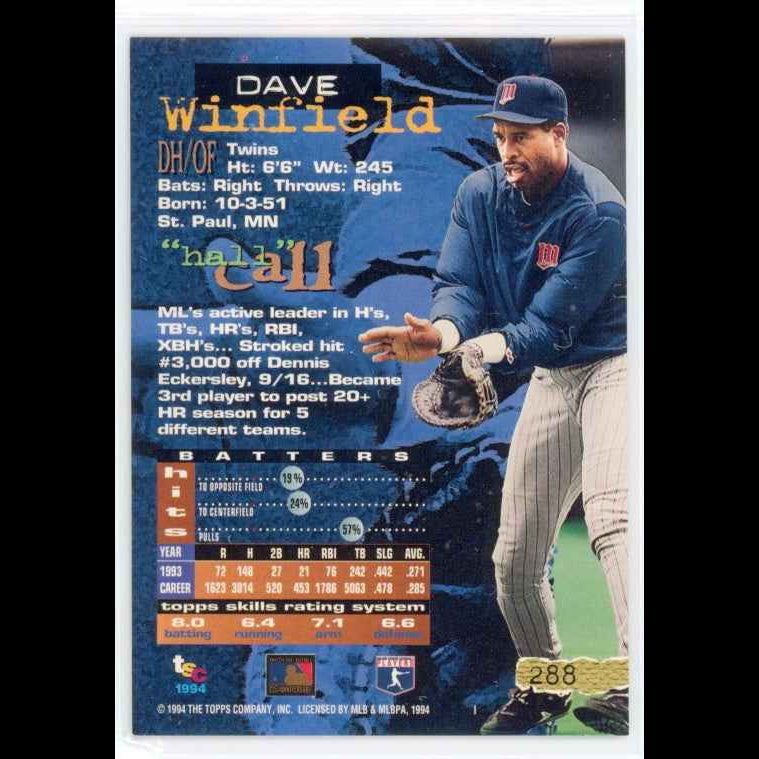 1994 Topps Stadium Club #288 Dave Winfield Card - back