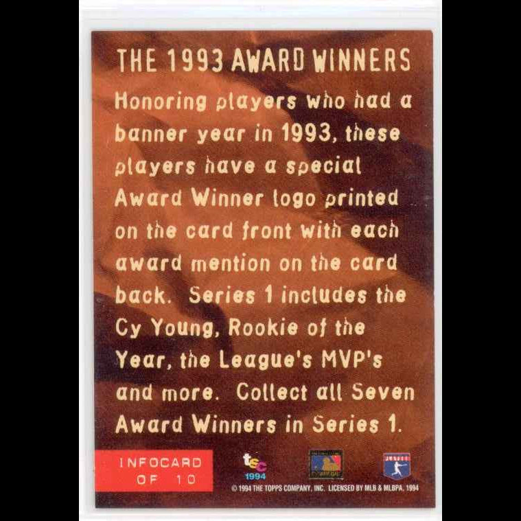 1994 Topps Stadium Club 93 Award Winners Card - back