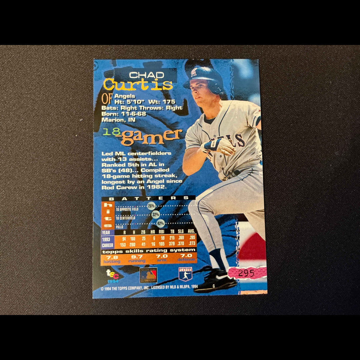 1994 Topps Stadium Club Golden Rainbow #295 Chad Curtis Card - back