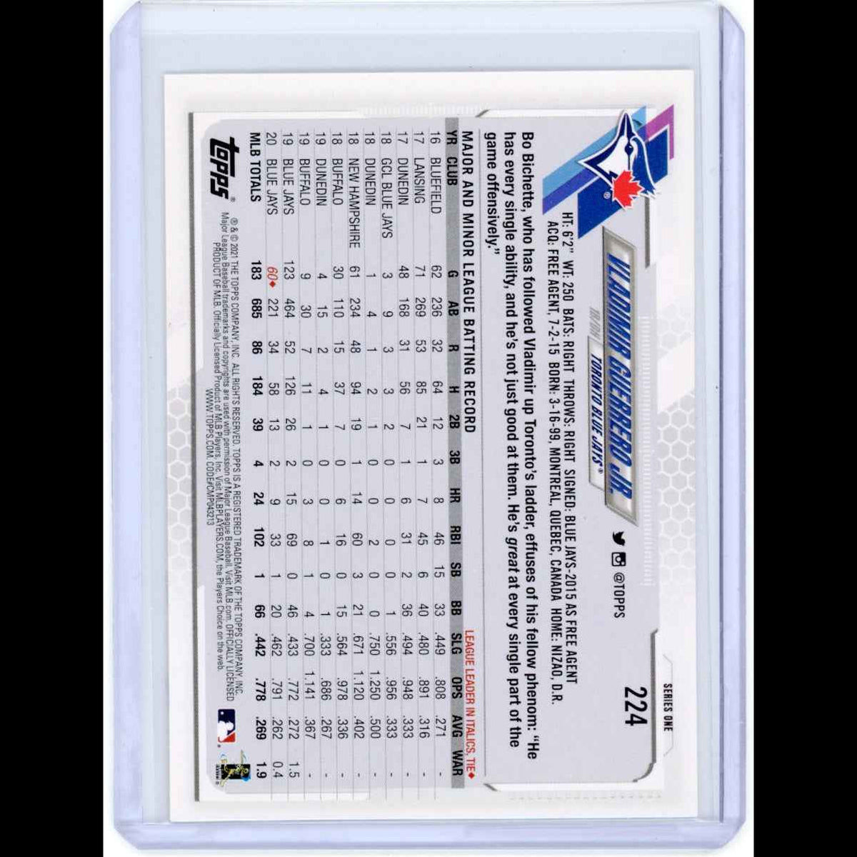 2021 Topps #224 Vladimir Guerrero Jr. Blue Jays Card - view 4