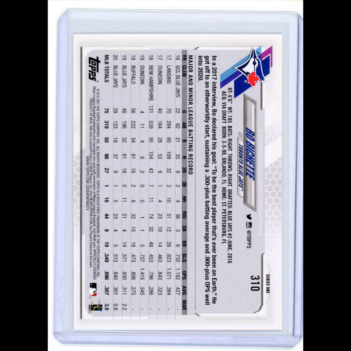 2021 Topps #310 Bo Bichette FS Blue Jays Card - view 4
