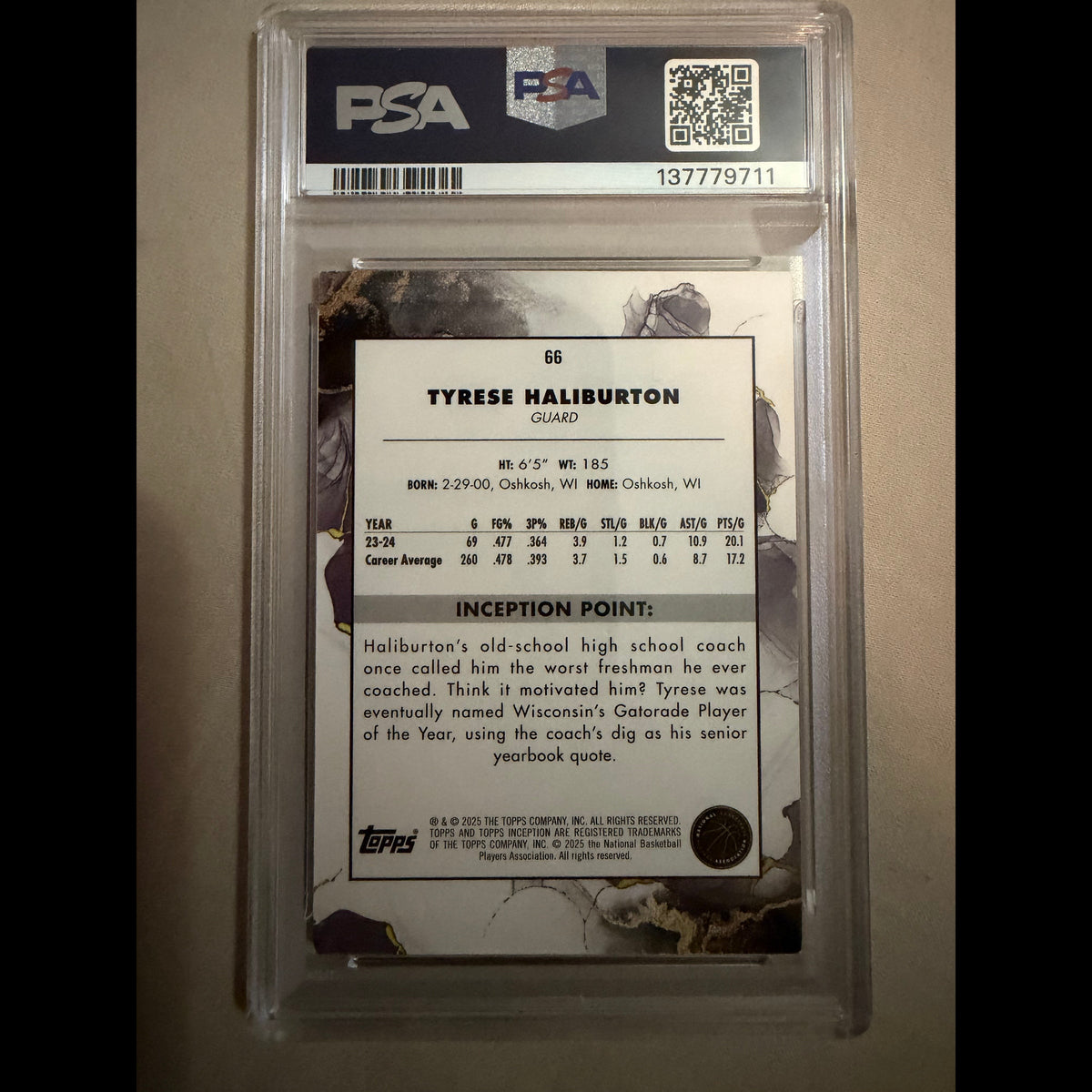 2024-25 Topps Inception #66 Tyrese Haliburton Red 14/75 PSA 8 Indiana Pacers Card - back