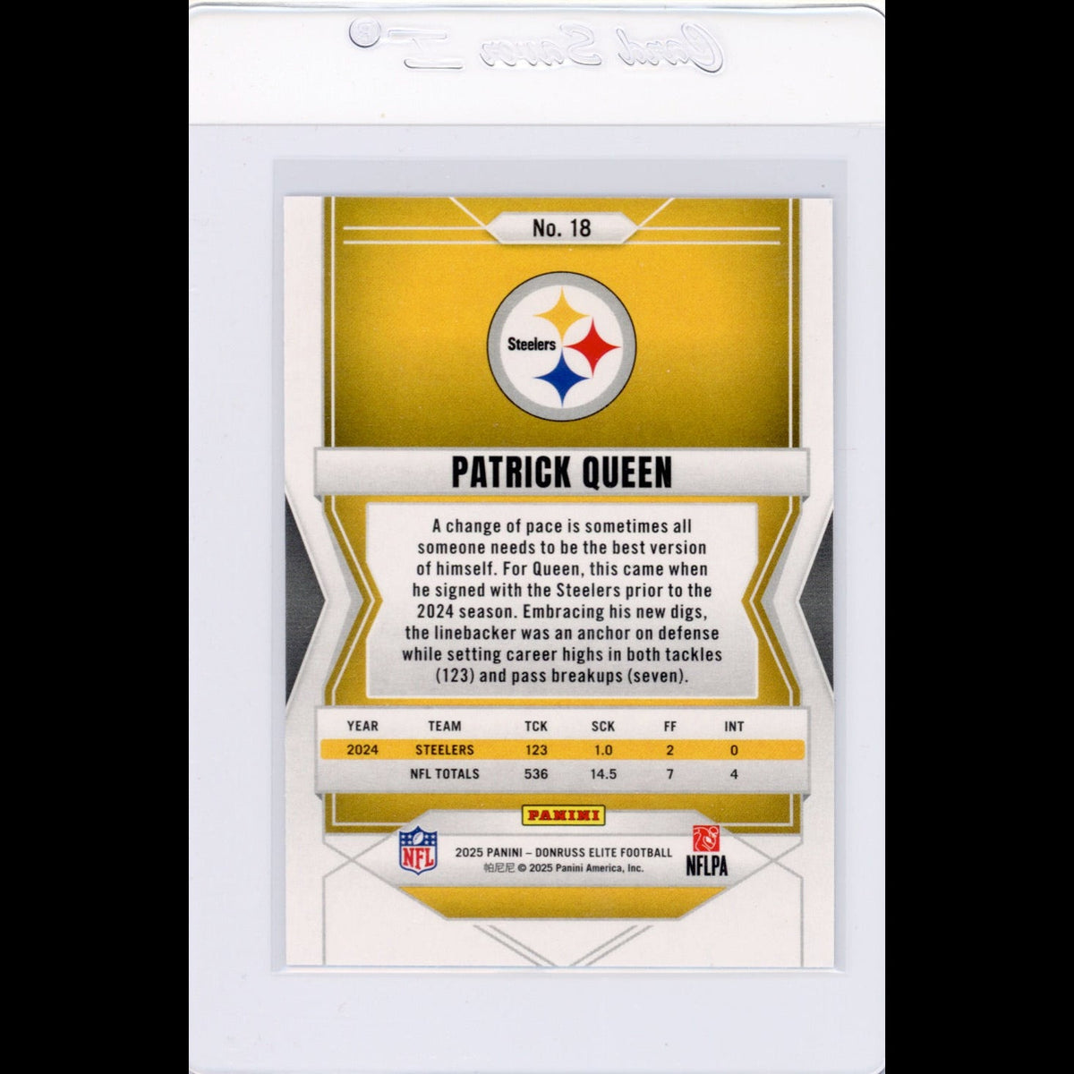 2025 Elite #18 Patrick Queen Pittsburgh Steelers Card - back