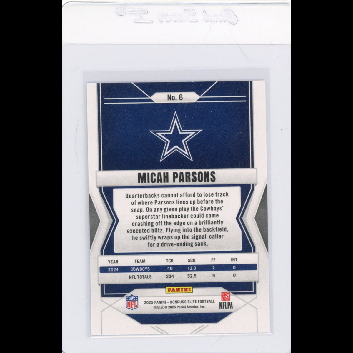 2025 Elite #6 Micah Parsons Dallas Cowboys Card - back