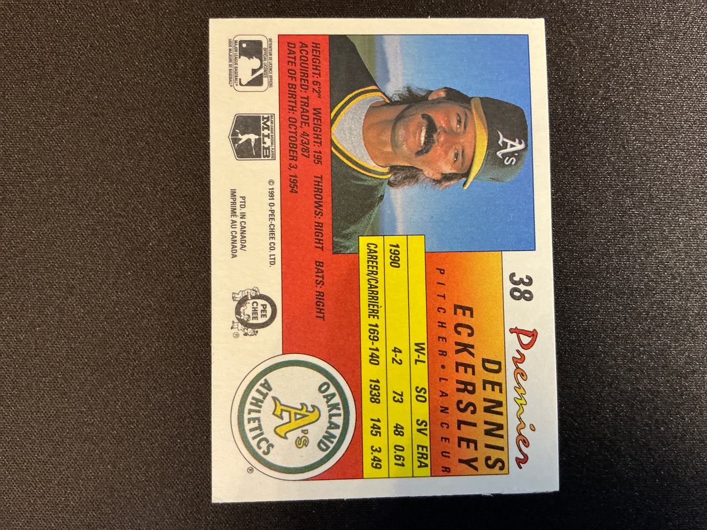 1991 Tarjeta O-Pee-Chee Premier #38 Dennis Eckersley