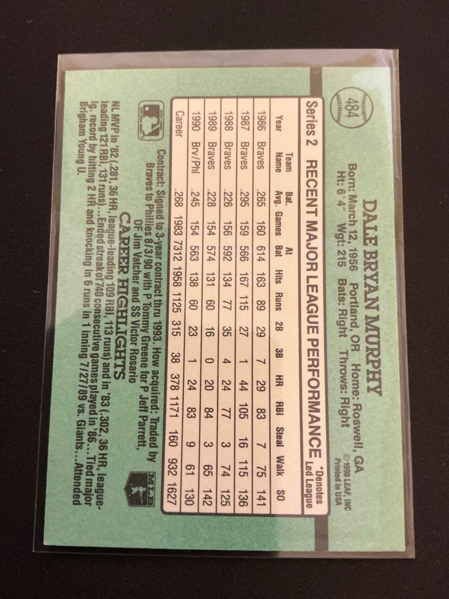 1991 Donruss #484 Dale Murphy No . After INC Error Card