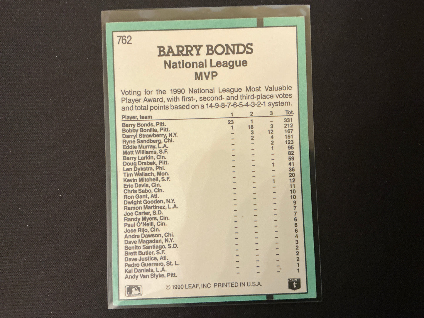 1991 Donruss #762 Barry Bonds MVP No . After INC Error Card