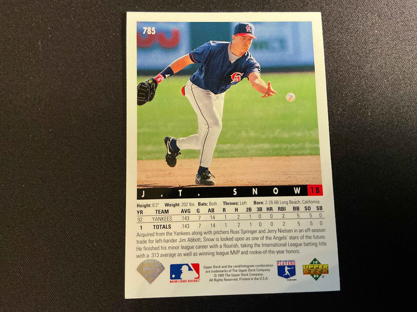 1993 Upper Deck #785 J.T.Snow Rookie (RC) Card