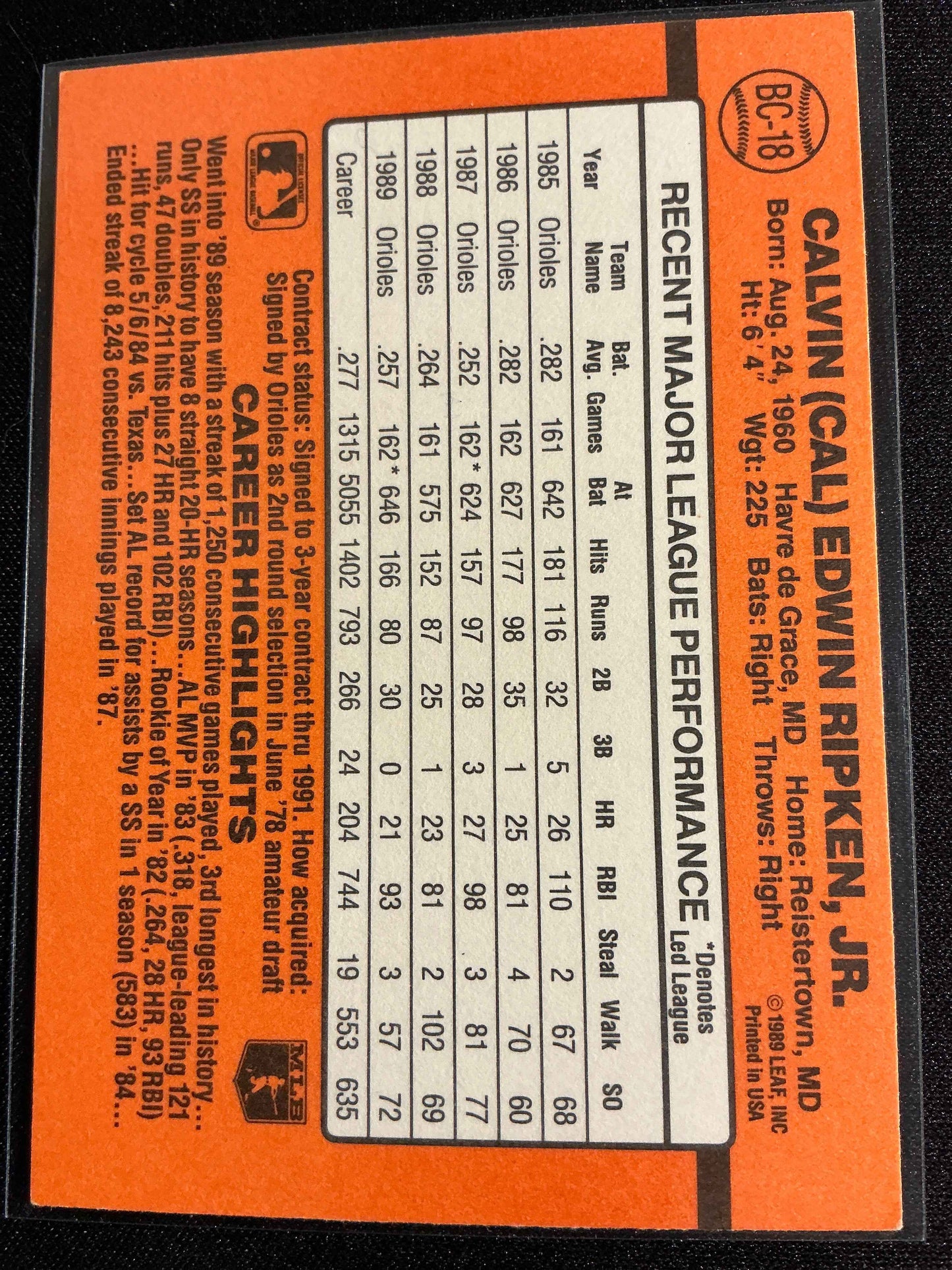 1990 Donruss Bonus MVPs #BC-18 Cal Ripken No . after INC Error Card