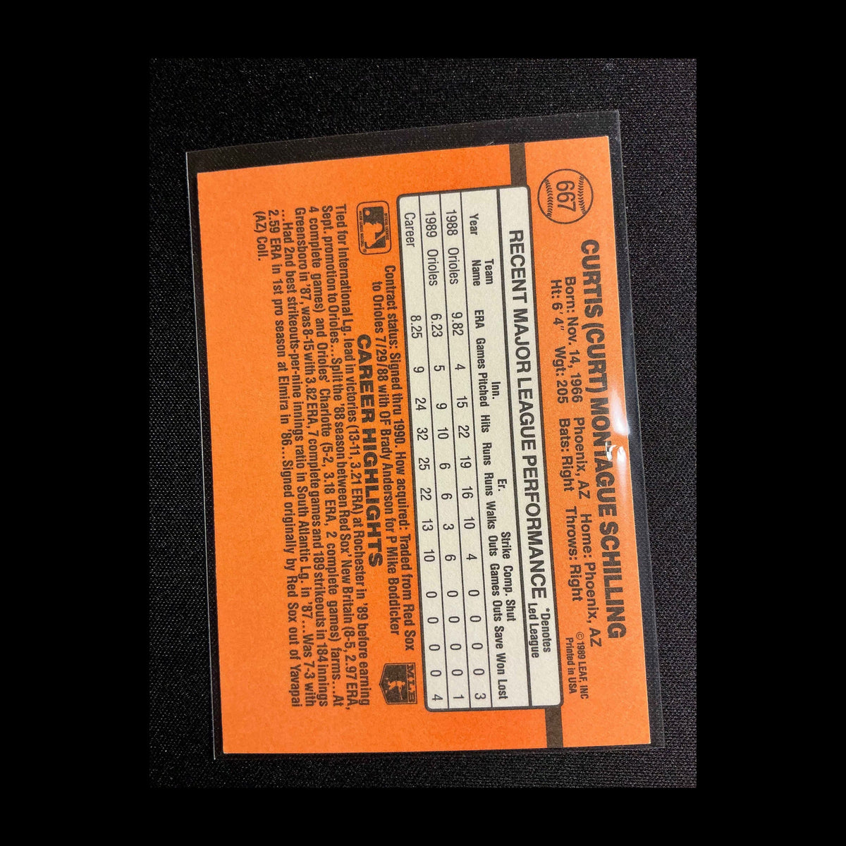 1990 Donruss #667 Curt Schilling Error Card - No . after INC - view 4