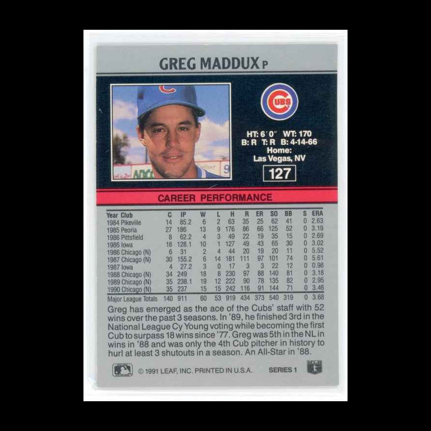 1991 Leaf #127 Greg Maddux Card - back