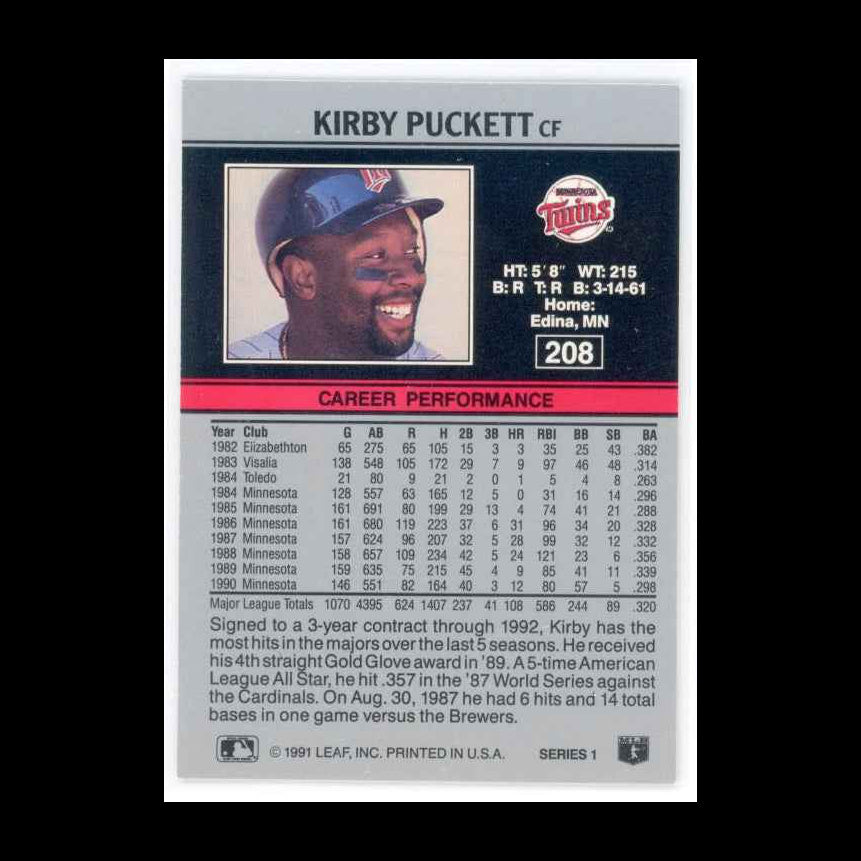 1991 Leaf #208 Kirby Puckett Card - back