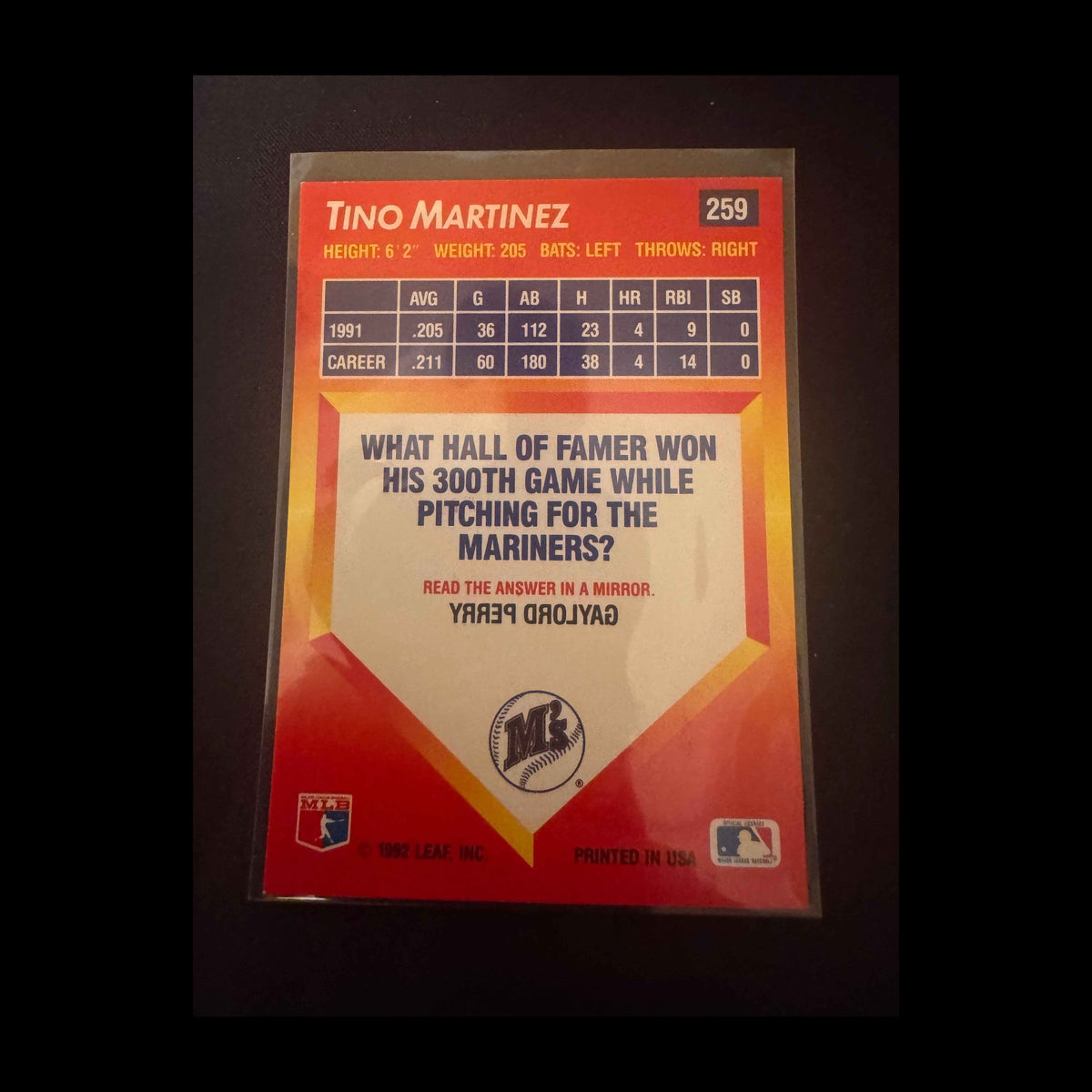 1992 Donruss Triple Play #259 Tino Martinez Card - view 4
