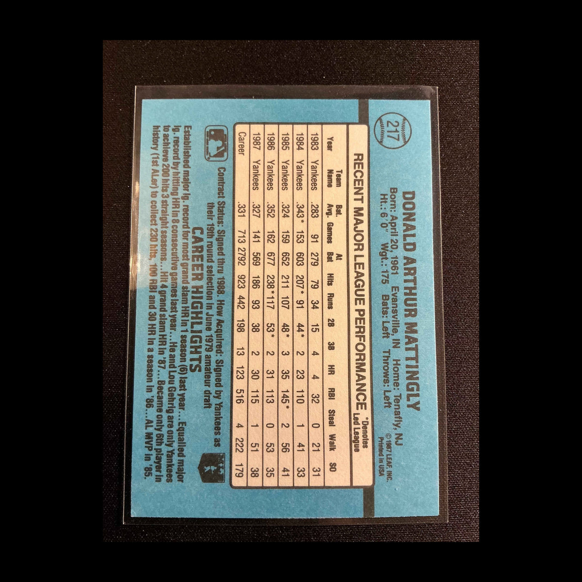 1988 Donruss #217 Don Mattingly Card - back