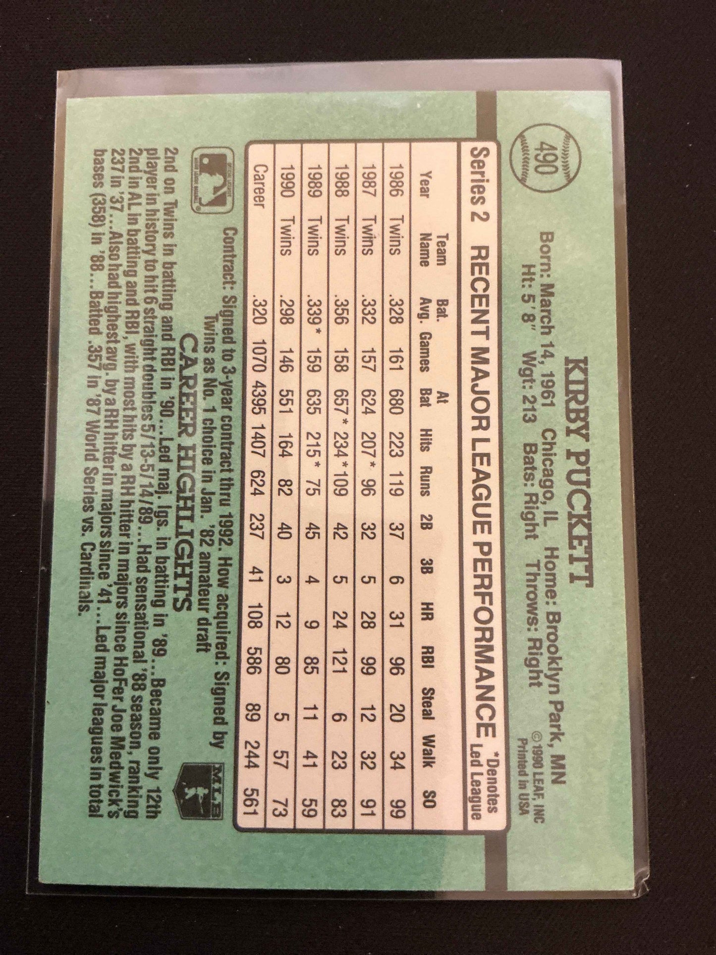 1991 Donruss #490 Kirby Puckett No . After INC Error Card