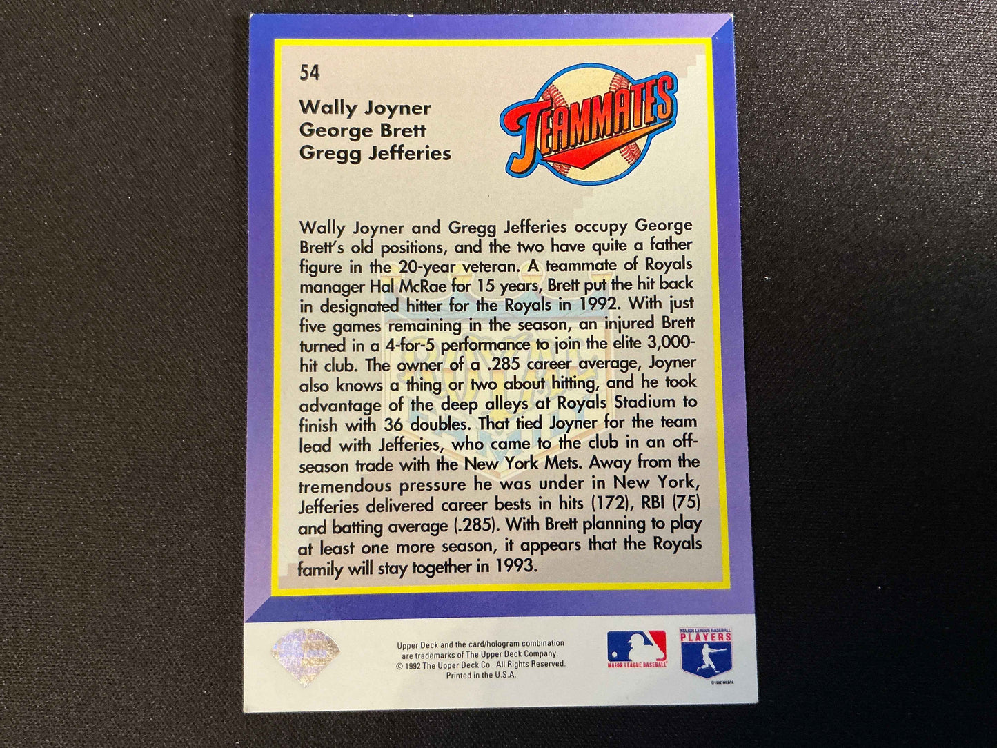 1993 Upper Deck #54 Wally Joyner Greg Jefferies George Brett Card