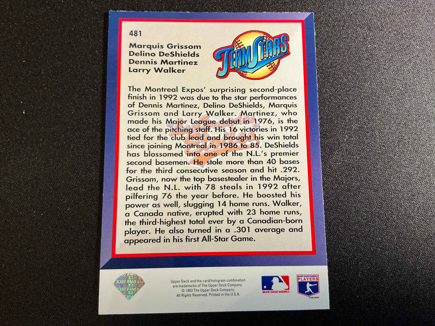 1993 Upper Deck #481 Marquis Grissom Delino DeShields Rafael Martinez Larry Walker Card