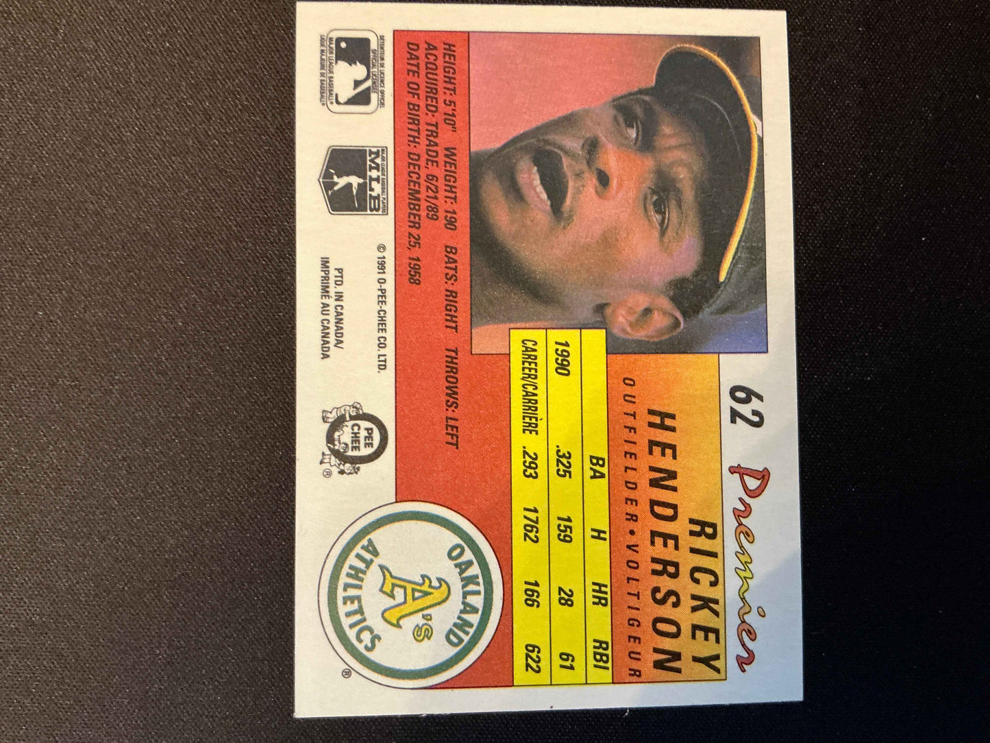 1991 O-Pee-Chee Premier #62 Rickey Henderson Card