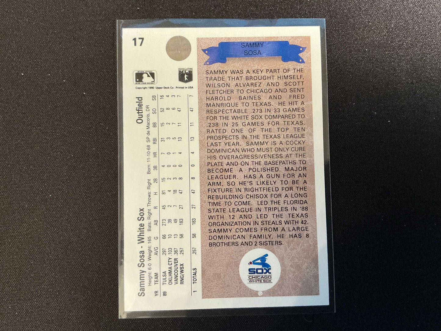 1990 Upper Deck #17 Sammy Sosa Rookie (RC) Card