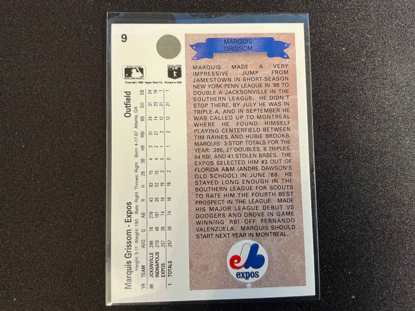 1990 Upper Deck #9 Marquis Grissom Rookie (RC) Card