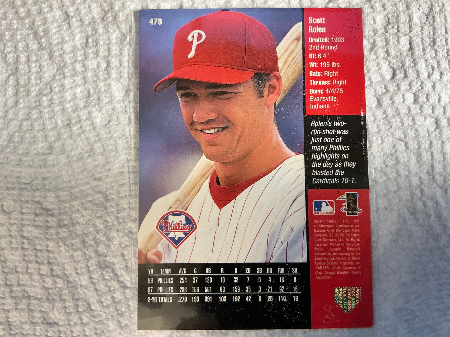 Tarjeta de Novato del Año de Scott Rolen n.° 479 de Upper Deck de 1998