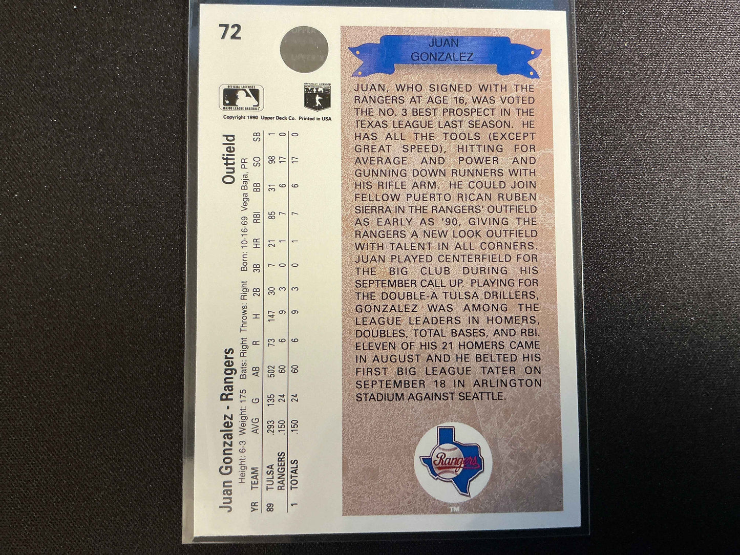 1990 Upper Deck #72 Juan Gonzalez Rookie (RC) Card