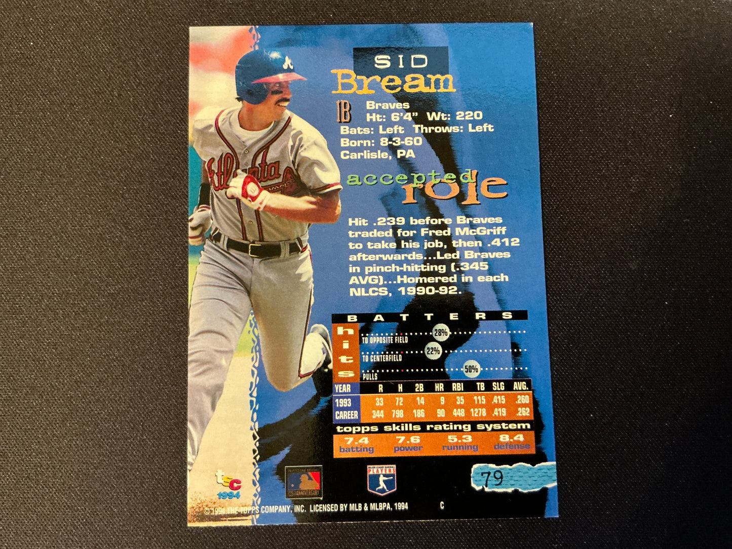 Tarjeta de Sid Bream n.° 79 del Golden Rainbow del Topps Stadium Club de 1994
