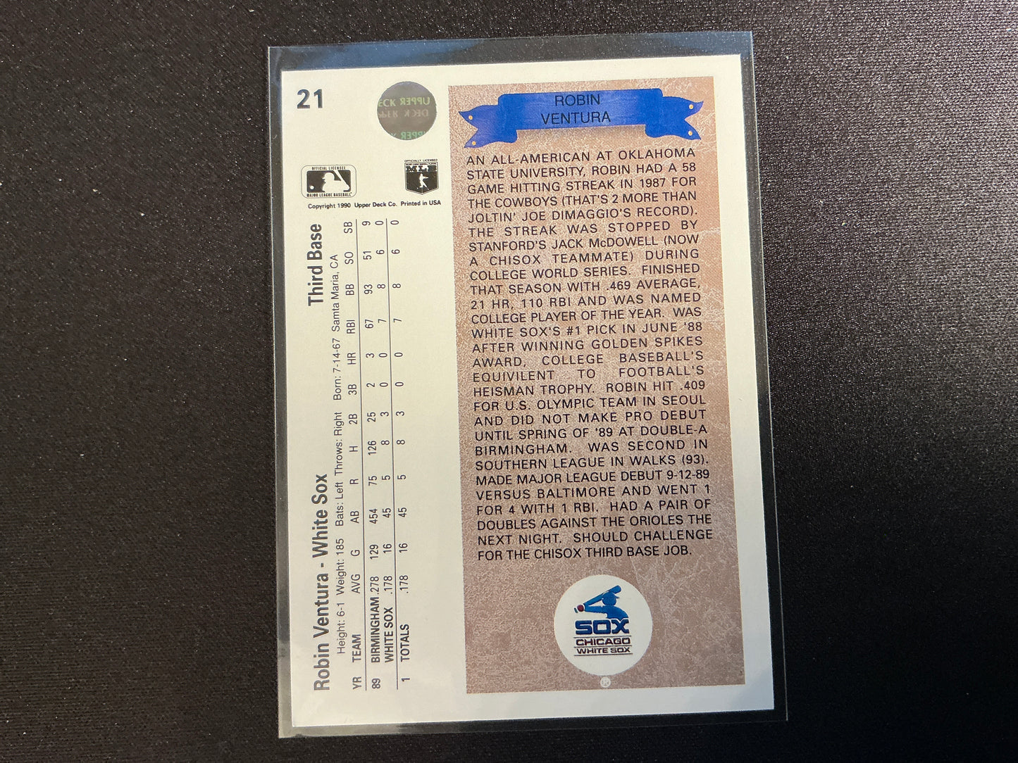 Tarjeta RC Robin Ventura Upper Deck n.° 21 de 1990