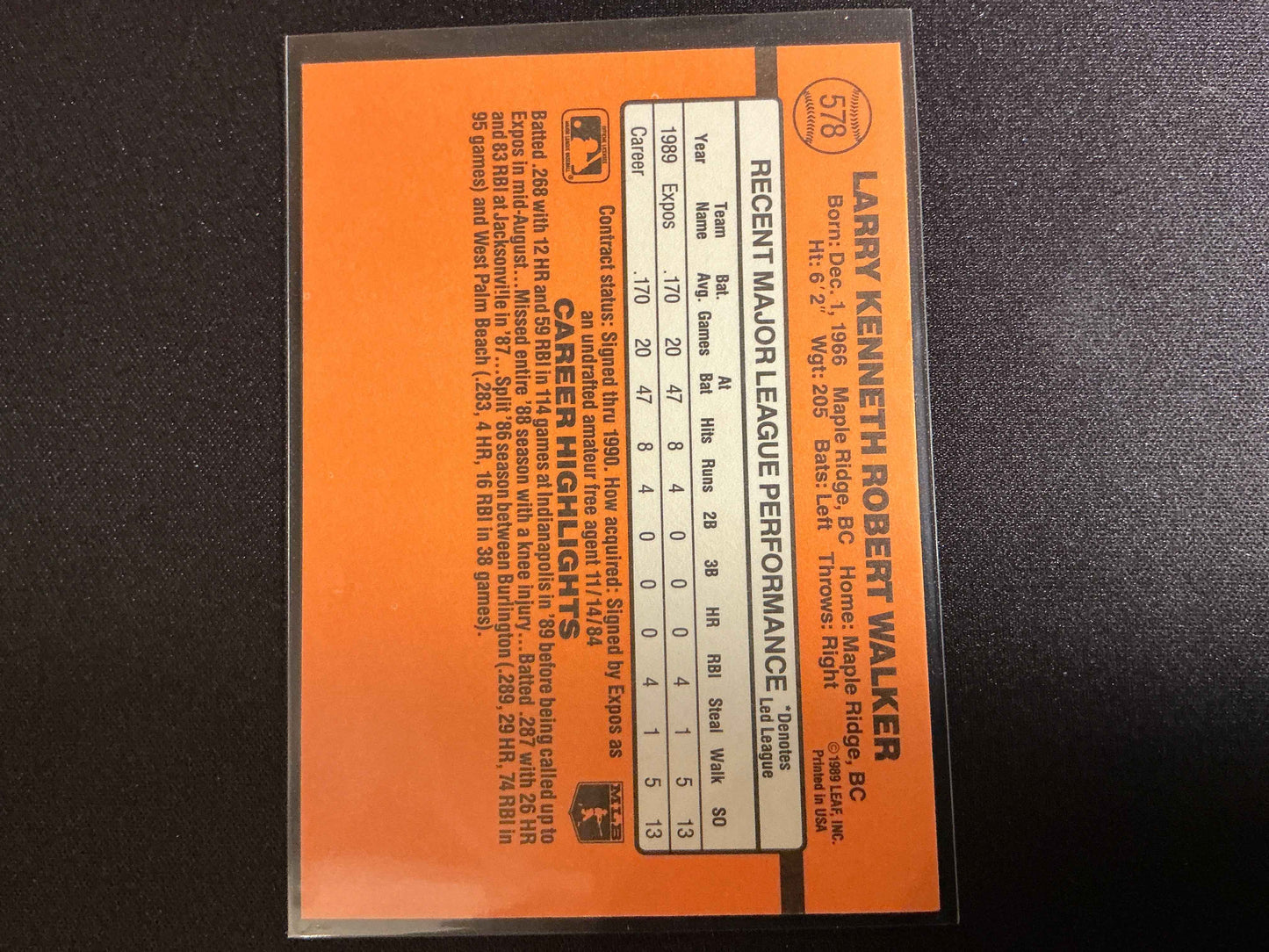 1990 Donruss #578 Larry Walker Rookie Card