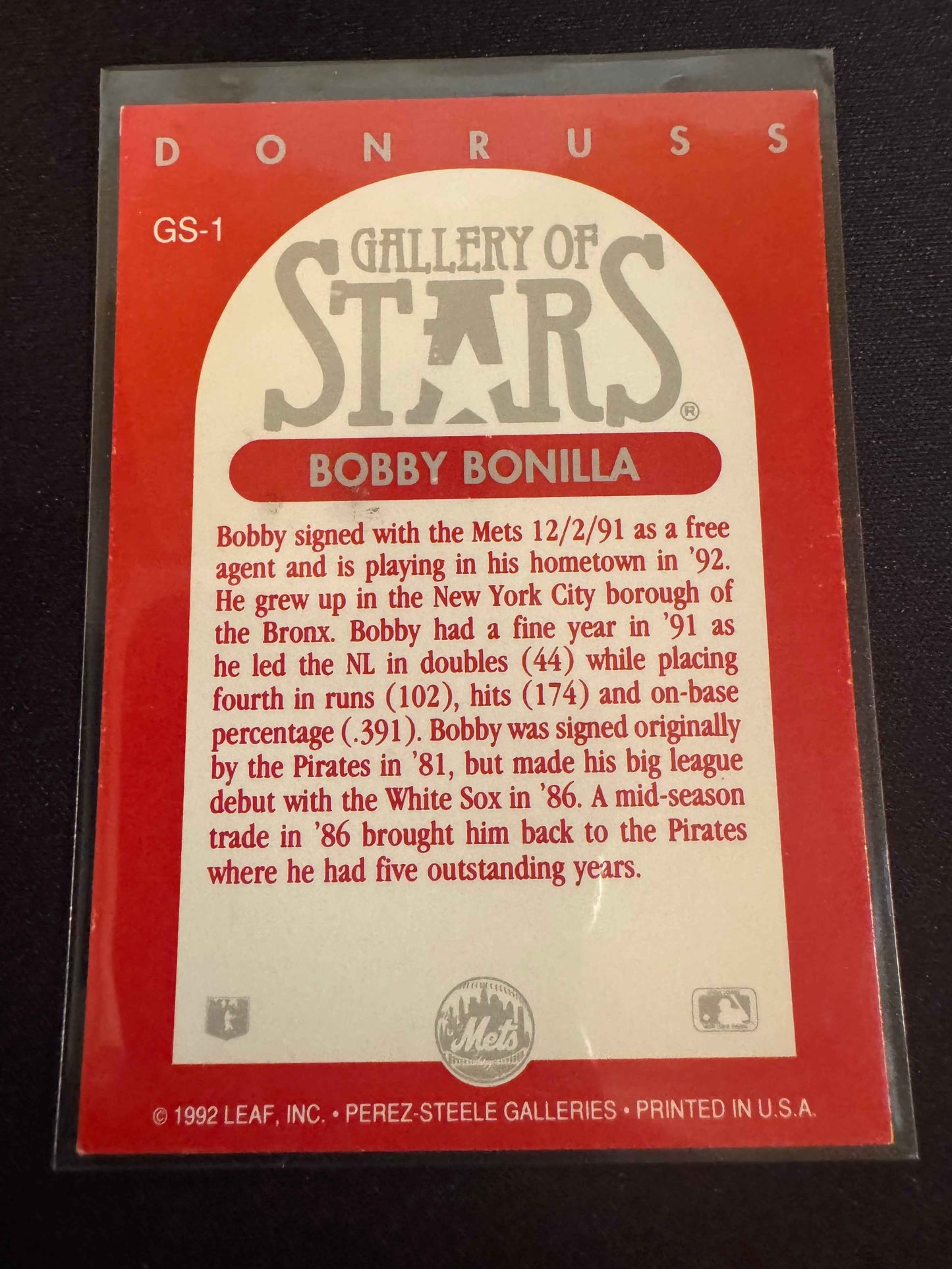 1992 Donruss Triple Play Gallery of Stars #GS-1 Bobby Bonilla Card