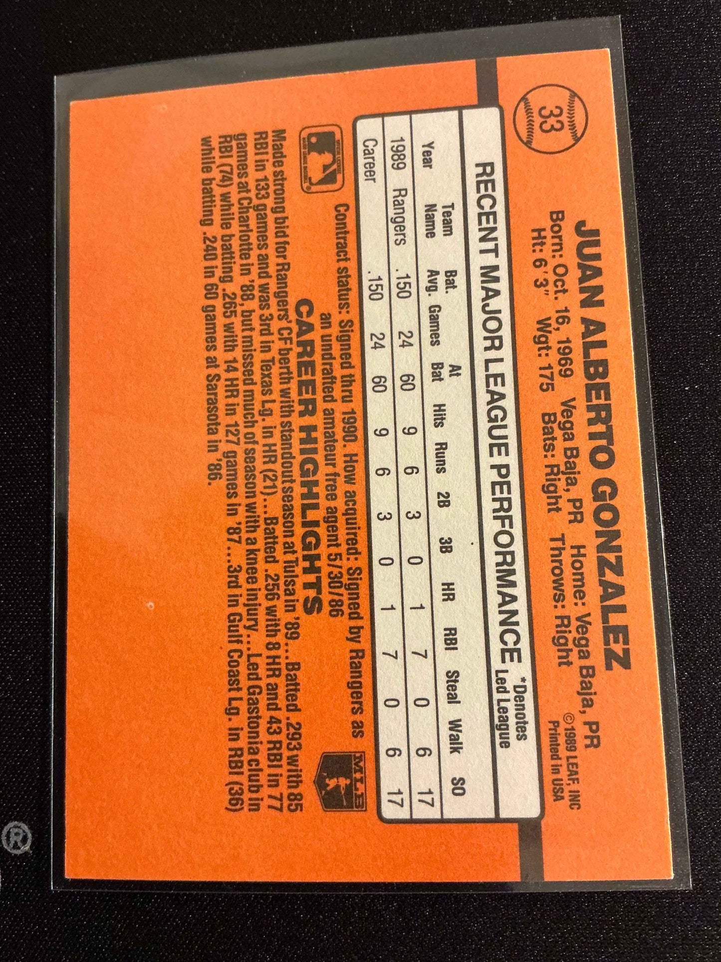 1990 Donruss Juan Gonzalez Rookie Card #33 – Rated Rookie Collectible