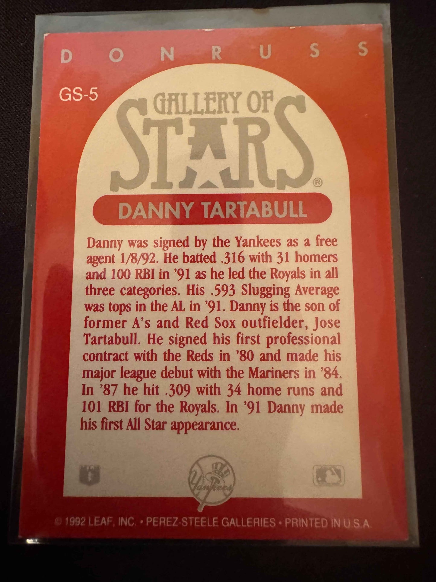 1992 Donruss Triple Play Gallery of Stars #GS-5 Danny Tartabull Card