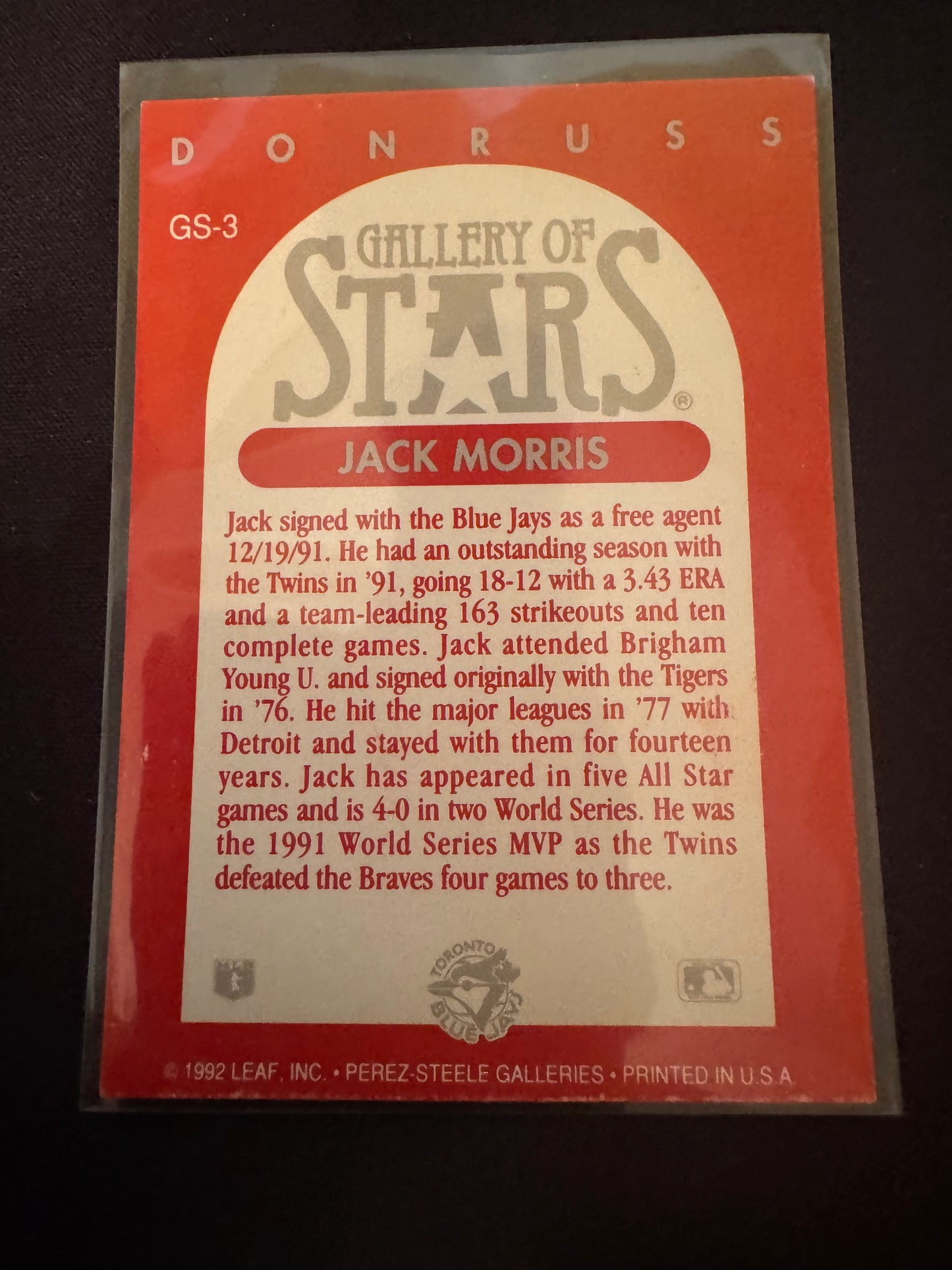 1992 Donruss Triple Play Gallery of Stars #GS-3 Jack Morris Card