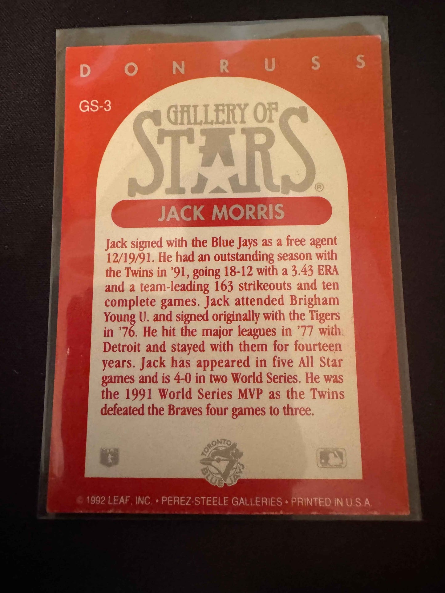 1992 Donruss Triple Play Gallery of Stars #GS-3 Jack Morris Card