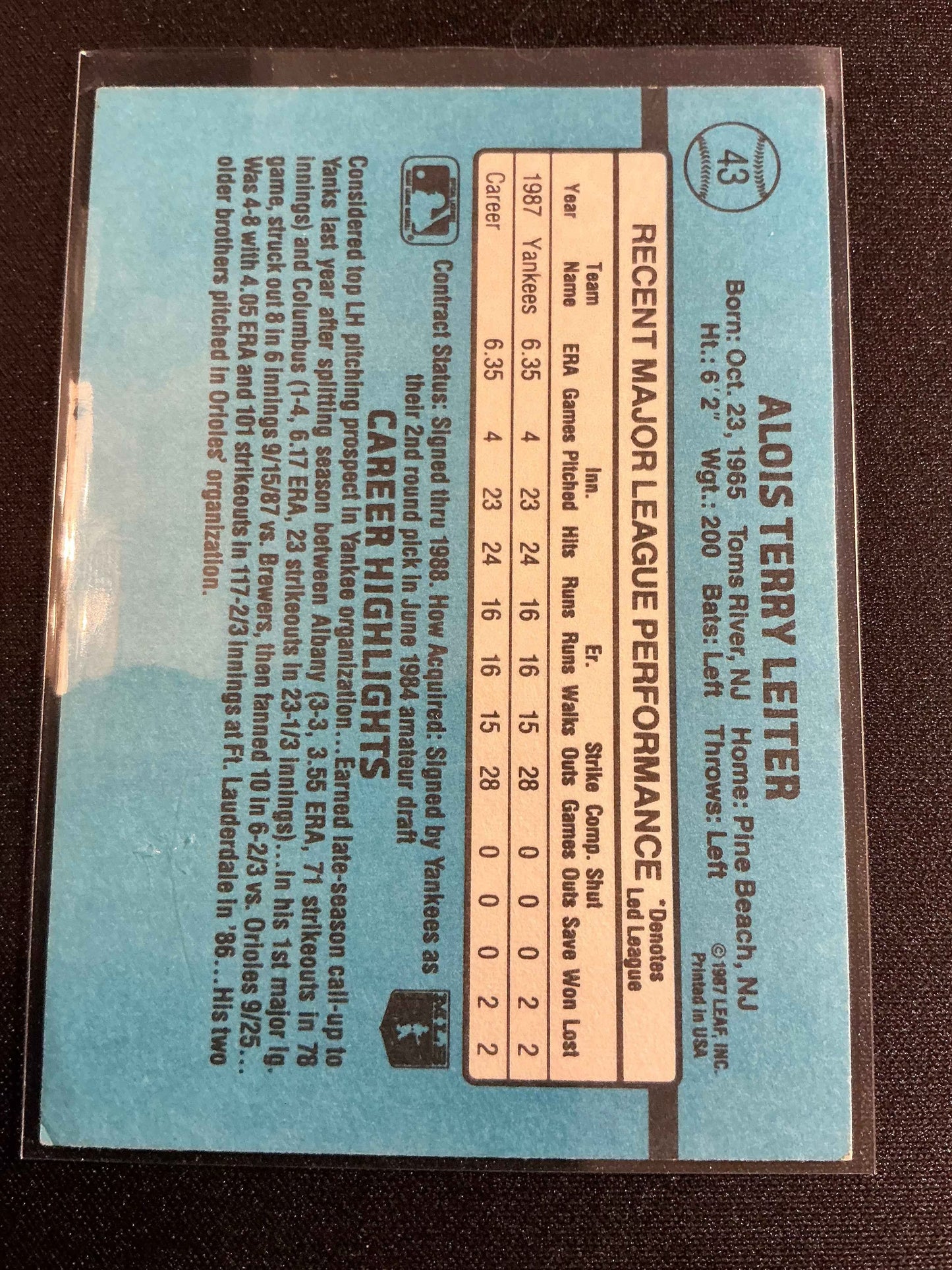 1988 Donruss #43 Al Leiter Rated Rookie Card.