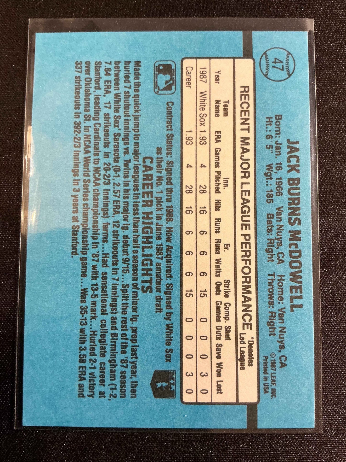 1988 Donruss #47 Jack McDowell Rated Rookie Card