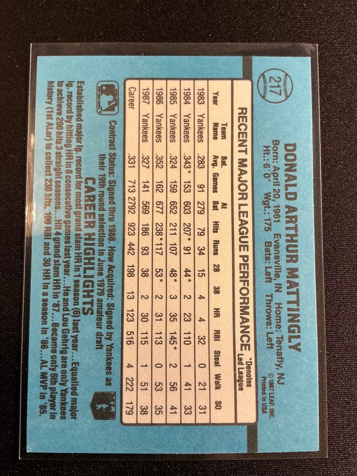 1988 Donruss #217 Don Mattingly Card