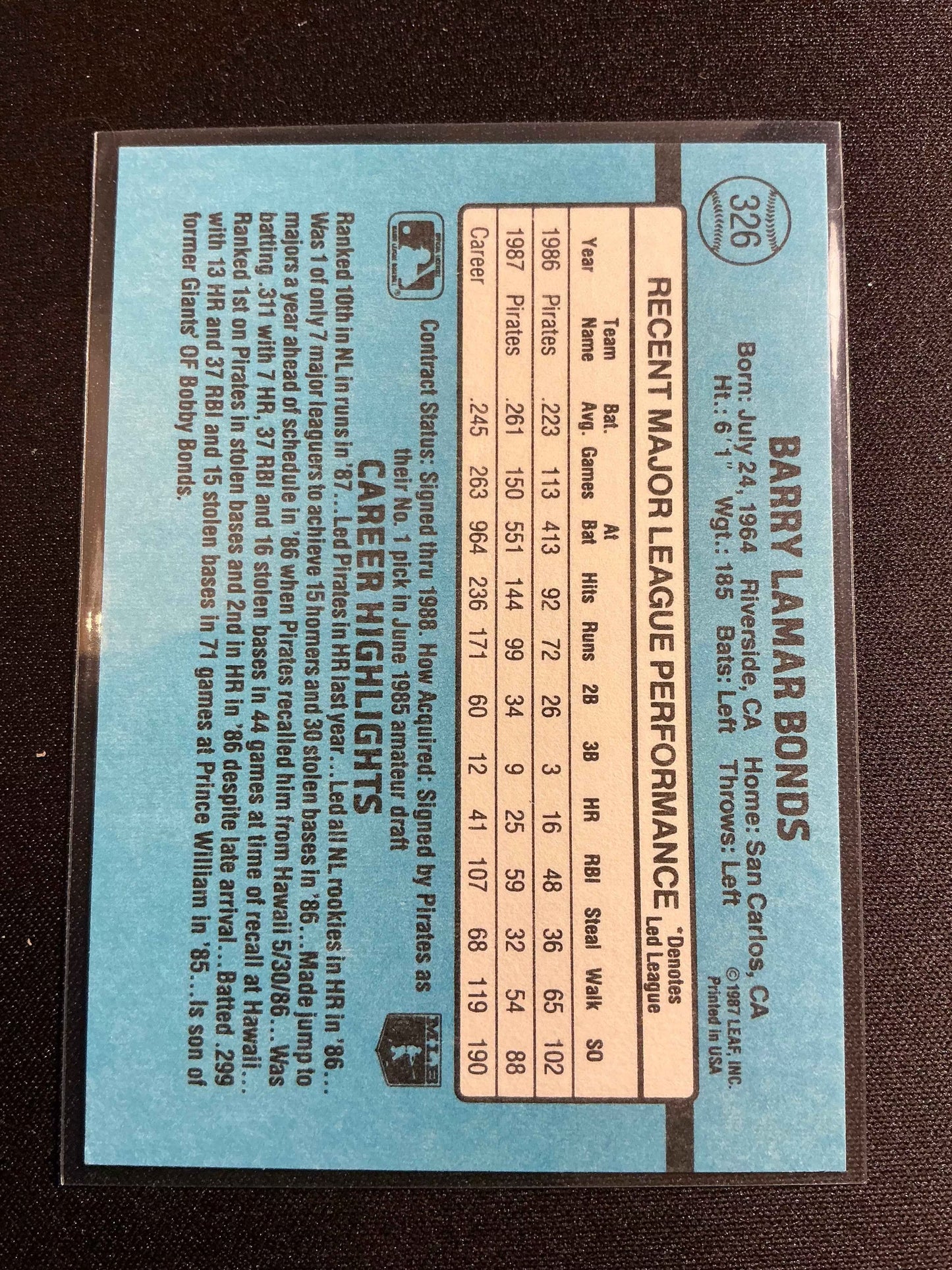1988 Donruss #326 Barry Bonds Card