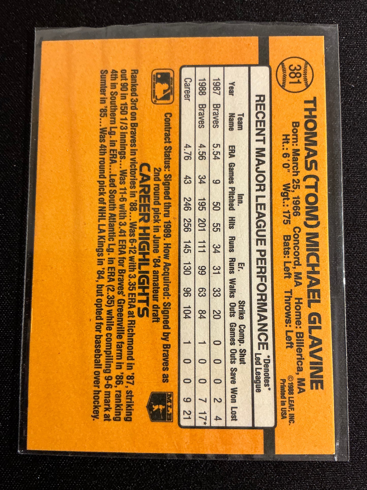 1989 Donruss #381 Tom Glavine Card
