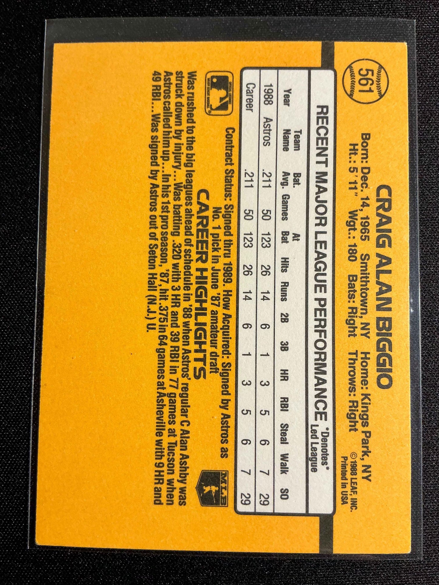 1989 Donruss #561 Craig Biggio Rookie Card