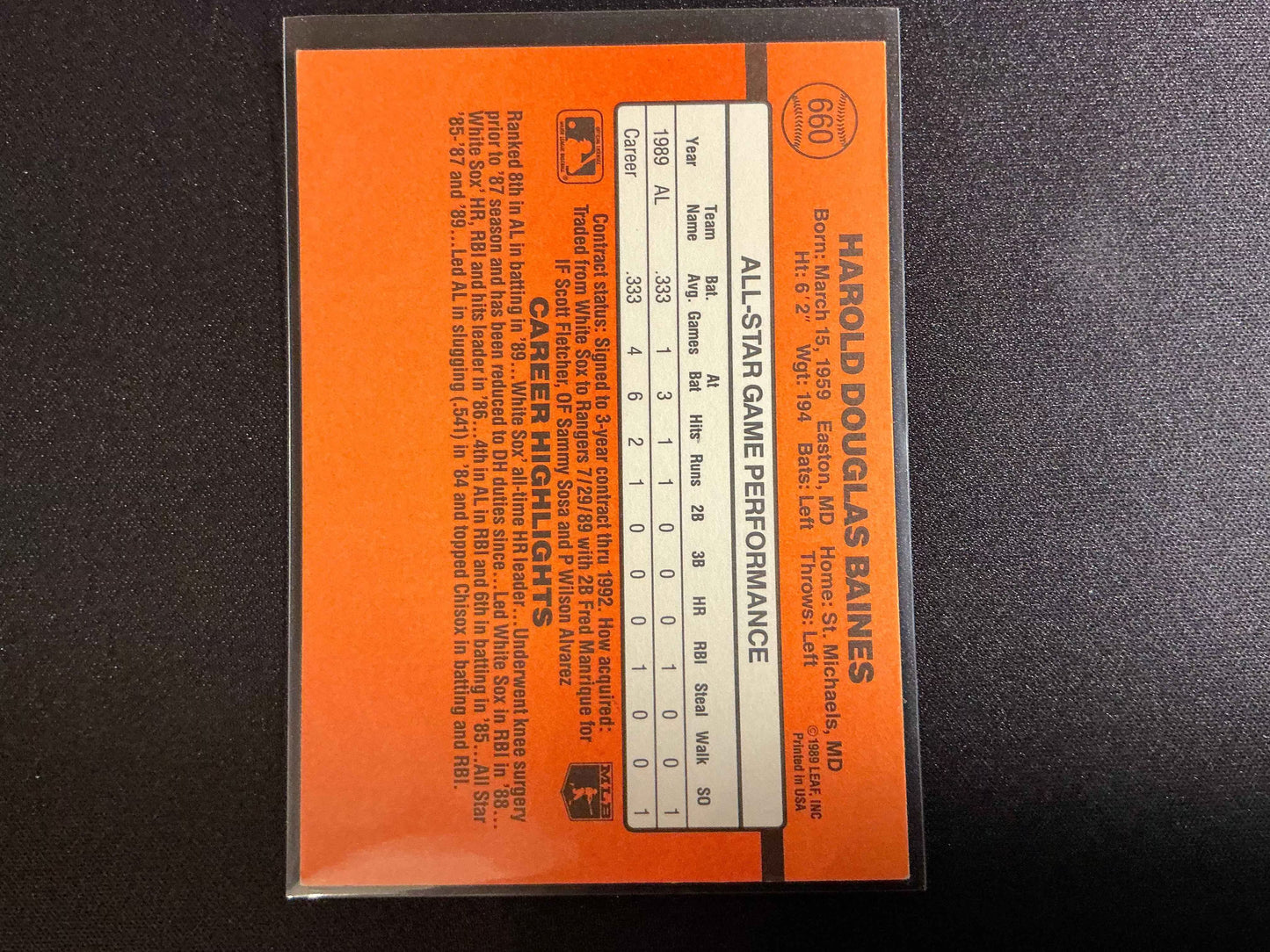 1990 Donruss #660 Harold Baines No . after INC Error Card