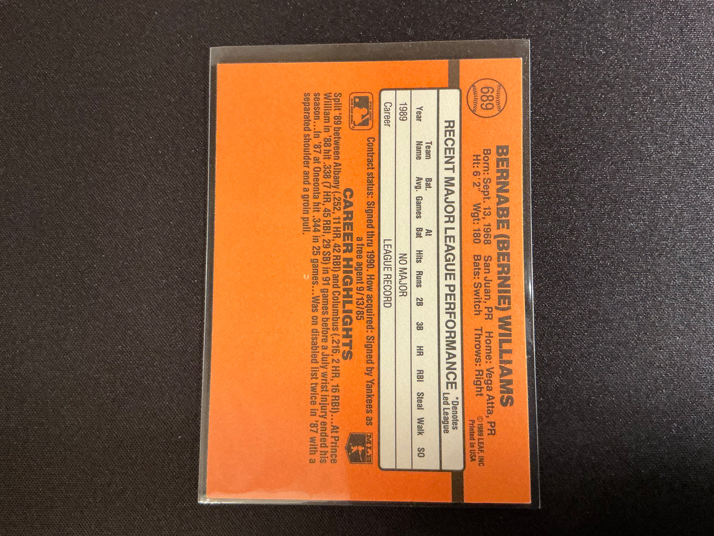 1990 Donruss #689 Bernie Williams Rookie Card