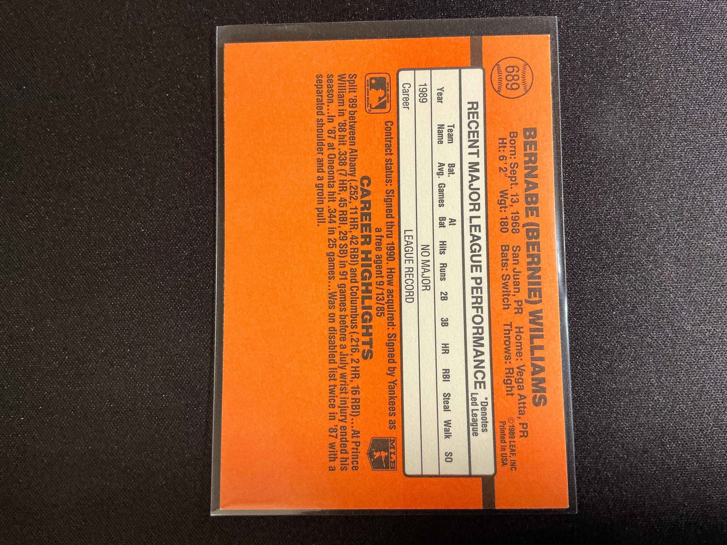 1990 Donruss #689 Bernie Williams Rookie Card