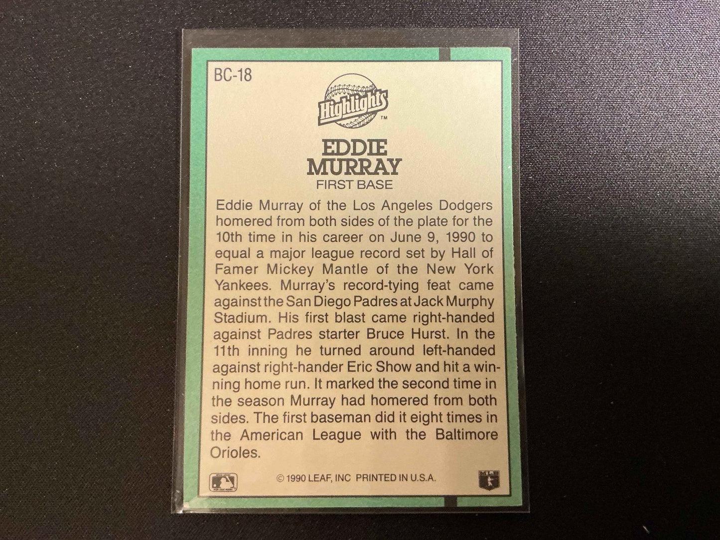1991 Donruss MVPs #BC-18 Eddie Murray MVP Error Card - Rare INC Error