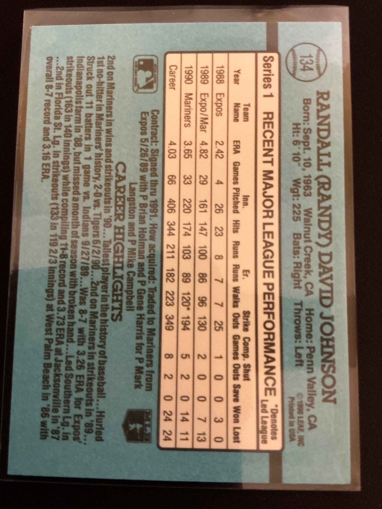 1991 Donruss #134 Randy Johnson No . after INC Error Card